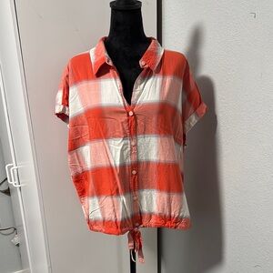 Sanctuary Coral and White Plaid Button-Down Shirt